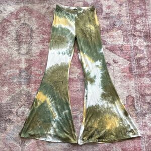 ftk Tie-Dye Velour Flared Pants Women Green Yellow White Elastic Waist 32" Inse…